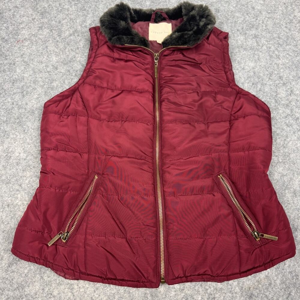 Copper Key Puffer Vest Womens Small Burgundy Maroon Faux Fur Collar Gold Zip Sm